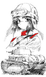  1girl girls_und_panzer helmet highres imperial_japanese_army longmei_er_de_tuzi looking_at_viewer military_uniform military_vehicle monochrome motor_vehicle nishizumi_miho short_hair sketch solo spot_color tank type_89_i-gou 