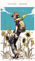  1boy backpack bag baseball_cap black_pants brown_eyes commentary_request domu_(hamadura) flower from_side hat highres holding holding_poke_ball jacket looking_at_viewer looking_to_the_side male_focus on_shoulder one-hour_drawing_challenge pants pikachu poke_ball poke_ball_print pokemon pokemon_(creature) pokemon_firered_and_leafgreen pokemon_on_shoulder red_hat red_jacket short_hair sunflower 