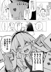  1boy 1girl absurdres ace_(playing_card) ace_of_hearts blue_archive card dai3 doodle_sensei_(blue_archive) double-parted_bangs hair_between_eyes hairband halo heart highres jacket kei_(blue_archive) kei_(student)_(blue_archive) long_hair long_hair_between_eyes long_sleeves loosely_tucked_bangs necktie open_mouth playing_card rectangular_halo sensei_(blue_archive) shirt tears 