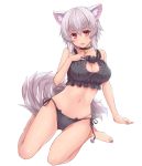  1girl animal_ears barefoot bell bell_collar black_bra black_panties blush bra cat_cutout cat_lingerie collar collarbone d: hand_on_own_chest hasu_(hk_works) inubashiri_momiji jingle_bell navel open_mouth panties red_eyes short_hair side-tie_panties sitting solo tail touhou underwear underwear_only wariza white_background white_hair wolf_ears wolf_tail 