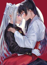  2girls black_hair black_shirt black_skirt blue_eyes bow collared_shirt commentary eye_contact eyelashes gloves grey_hair hair_bow hakama hakama_skirt hand_on_another's_back hand_on_another's_shoulder highres higuchi_kaede higuchi_kaede_(military) jacket japanese_clothes kimono long_hair long_sleeves looking_at_another medal miko military_uniform mole mole_under_eye multiple_girls nijisanji pleated_skirt ponytail protected_link red_background red_hakama shirt sitting sitting_on_lap sitting_on_person skirt smile tsukino_mito tsukino_mito_(new_year) untranslatable_commentary violet_eyes virtual_youtuber white_gloves white_kimono ya_ka_n yuri 