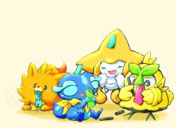  armband baby_animal bird bone browt chick closed_eyes dog drawing_(action) facial_mark gecko gecqua jirachi kinakomochi_(kazuna922) leaf orange_fur pokemon pokemon_(creature) pokemon_winds_and_waves pombon pomeranian_(dog) scarf smile starter_pokemon_trio teardrop_facial_mark white_scarf yellow_armband yellow_background 