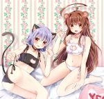  2girls :3 :d ahoge alternate_costume animal_ears ass bangs barefoot bell bell_choker black_panties blush breasts brown_hair cat_cutout cat_ears cat_keyhole_bra cat_lingerie cat_tail choker claw_pose clenched_hand collarbone eyebrows eyebrows_visible_through_hair fang floral_background frills hair_between_eyes holding huge_ahoge jingle_bell kantai_collection kuma_(kantai_collection) long_hair looking_at_viewer masakazu_(coccinellee) multiple_girls navel on_bed open_mouth panties purple_hair red_eyes short_hair side-tie_panties sitting smile stomach tail tama_(kantai_collection) underwear underwear_only white_panties yellow_eyes yes-no_pillow 