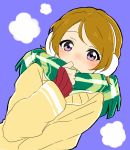 1girl earmuffs highres koizumi_hanayo looking_at_viewer love_live!_school_idol_project scarf scarf_over_mouth sekina short_hair solo violet_eyes 