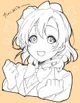  1girl blush bow highres love_live!_school_idol_project monochrome open_mouth sekina short_hair sketch smile solo star 