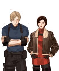  1boy 1girl ada_wong black_boots black_gloves black_hair black_pants black_pantyhose blonde_hair blue_shirt boots breasts brown_jacket cold cowboy_shot crossed_arms dress frown fur-trimmed_jacket fur_trim gloves hands_on_own_hips highres jacket leon_s._kennedy medium_breasts nose_bubble pants pantyhose parted_lips red_dress resident_evil resident_evil_4 resident_evil_4_(remake) shared_clothes shirt short_hair thigh_boots trembling turtleneck turtleneck_dress tusi0507 white_background 