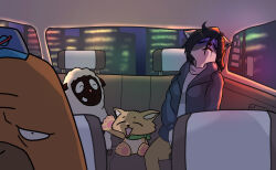  1girl 3boys animal_ears baseball_cap black_hair car_interior closed_eyes commentary_request crossover dog_(tsukareta_inu) dog_boy dog_ears feet_out_of_frame furry furry_female furry_male grey_jacket hat highres jacket multiple_boys odd_taxi odokawa_hiroshi oogami_reiko open_mouth sheep_(tsukareta_inu) sheep_boy shirt short_hair smile takehiro_yasui tsukareta_inu walrus_boy white_shirt wolf_ears wolf_girl 