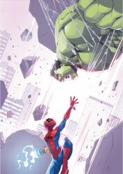  black_hair bodysuit colored_skin commentary cover english_commentary fighting green_skin hulk marvel motion_blur motion_lines peter_parker reneallan silk spider-man spider-man:_brand_new_day spider-man_(series) spider_web superhero_costume 