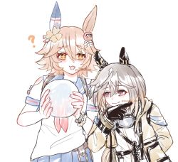  2girls ? absurdres animal_ears bead_bracelet beads black_gloves black_hair blue_sailor_collar blue_skirt bracelet brown_eyes brown_hair closed_mouth clover_hair_ornament coat crystal_ball daruma_doll doll_hair_ornament ear_covers flipped_hair gloves goggles goggles_around_neck hair_between_eyes hair_ornament highres holding holding_orb horse_ears horse_girl jewelry knife_sheath long_hair matikanefukukitaru_(rising_fortune)_(umamusume) matikanefukukitaru_(umamusume) multicolored_hair multiple_girls neckerchief open_mouth orange_hair orb red_neckerchief sailor_collar school_uniform serafuku sheath shirt single_ear_cover skirt smile songdu star-shaped_pupils star_(symbol) stay_gold_(sunlit_outsider)_(umamusume) stay_gold_(umamusume) symbol-shaped_pupils umamusume white_hair white_shirt wrist_belt yellow_coat 