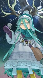  1girl animal antlers bag beanie bird blue_hat blue_scarf earflap_beanie fate/grand_order fate_(series) green_eyes hair_between_eyes hat highres holding holding_animal holding_bird horns horns_through_headwear kori_morri long_hair long_sleeves louhi_(fate) louhi_(second_ascension)_(fate) mittens pantyhose pink_pupils pom_pom_(clothes) pom_pom_beanie purple_mittens scarf shoulder_bag sky solo star_(sky) starry_sky sweater tree white_sweater woollen_cap yellow_pantyhose 