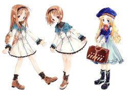  3girls aqua_capelet bad_id beret black_boots black_hairband black_socks blonde_hair blue_eyes blue_hat blue_shirt blue_skirt boots briefcase brown_eyes brown_hair brown_shoes capelet clothing_cutout dress frilled_sleeves frills full_body hairband hat high-waist_skirt holding holding_briefcase katya_(present_pretty) long_hair long_sleeves looking_at_viewer loose_socks mizuha_(present_pretty) multiple_girls neck_ribbon official_art open_mouth otoha_(present_pretty) parted_lips present_pretty red_ribbon ribbon school_uniform shirt shoes short_hair shoulder_cutout simple_background skirt sleeves_past_wrists smile socks standing sumi_keiichi v_arms white_background white_dress white_shirt 