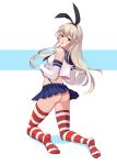  1girl black_panties blonde_hair crop_top elbow_gloves gloves grey_eyes highleg highleg_panties highres kantai_collection long_hair looking_back microskirt pandako panties school_uniform serafuku shimakaze_(kantai_collection) skirt solo striped striped_legwear thigh-highs underwear white_gloves 