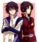  2boys belt black_hair cosplay costume_switch crossed_arms crossover frown gundam gundam_seed gundam_seed_destiny jacket long_sleeves looking_at_another machi_fuka makabe_kazuki military military_uniform multiple_boys pink_background red_eyes shinn_asuka shiny shiny_hair short_hair signature smile soukyuu_no_fafner uniform 