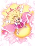 1girl :d arms_up blonde_hair blush bow brooch cure_flora earrings eyebrows flower flower_earrings from_above full_body gloves go!_princess_precure green_eyes haruno_haruka jewelry kazuma_muramasa long_hair magical_girl multicolored_hair open_mouth pink_bow pink_hair pink_skirt precure shoes skirt smile solo standing streaked_hair thick_eyebrows two-tone_hair white_gloves white_shoes 