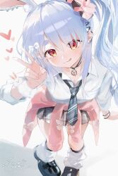  0w0 1girl :3 :d animal_ear_fluff animal_ears black_shoes black_socks blush bow bowtie cardigan cardigan_around_waist clothes_around_waist collared_shirt diagonal-striped_clothes don-chan_(usada_pekora) earrings gyaru hair_bow hair_ornament hair_tie_on_wrist hairclip heart high_side_ponytail highres hikimayu hololive jewelry knm_nm66 kogal leg_warmers loafers looking_at_viewer loose_bowtie multicolored_hair multiple_earrings official_alternate_costume parallel_hairclips peace_symbol pendant_choker piercing pink_cardigan pink_scrunchie plaid_clothes plaid_skirt rabbit_ears red_eyes school_uniform scrunchie shadow shirt shoes short_eyebrows side_ponytail simple_background single_wrist_cuff skirt smile socks striped_clothes thick_eyebrows usada_pekora usada_pekora_(12th_costume) virtual_youtuber white_background white_bow white_hair white_leg_warmers white_shirt wrist_cuffs yellow_eyes 