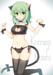  1girl alternate_costume ass_visible_through_thighs bell bell_choker black_bow black_legwear black_panties blush bow breasts cat_cutout cat_keyhole_bra cat_lingerie cat_tail character_name choker eyebrows eyebrows_visible_through_hair gradient gradient_background green_eyes green_hair hair_between_eyes irotani_asuka jingle_bell kemonomimi_mode komeiji_koishi looking_at_viewer navel no_hat no_shoes open_mouth panties ribbon side-tie_panties solo stomach string_panties tail tail_bow tail_ornament thigh-highs thigh_gap touhou underwear underwear_only wavy_mouth wrist_ribbon 