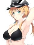  1girl armpits bikini bikini_top black_bikini blonde_hair breasts front-tie_bikini front-tie_top gin&#039;ichi_(akacia) hair_ornament hat kantai_collection long_hair open_mouth peaked_cap prinz_eugen_(kantai_collection) solo swimsuit twintails 