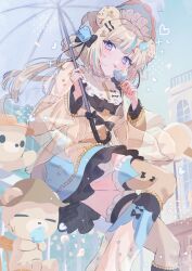  1girl :3 :p animal animal_ears bear bear_ears bear_girl black_bow blonde_hair blue_streaks blunt_bangs blush bow closed_mouth commentary dot_nose dress feet_out_of_frame food frilled_dress frilled_thighhighs frills highres holding holding_food holding_ice_cream holding_umbrella ice_cream long_hair long_sleeves looking_at_viewer multicolored_hair original sitting solo streaked_hair thigh-highs tongue tongue_out tsukumi_bis umbrella untranslatable_commentary violet_eyes yellow_dress yellow_thighhighs 