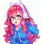  1girl :d animal_ears artist_name black-framed_glasses blush borrowed_character brown_eyes cat_ear_headphones cat_ears chromatic_aberration controller curly_hair drill_hair dualshock eyebrows eyebrows_visible_through_hair eyelashes fake_animal_ears game_controller gamepad glasses hair_between_eyes hairband headphones hood hooded_sweater hyanna-natsu long_sleeves looking_at_viewer open_mouth original redhead round_teeth simple_background smile solo sweater teeth upper_body white_background 