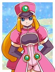  1girl blonde_hair blue_eyes border breasts ebimpawa hat highres jacket mega_man_(series) mega_man_zx pink_hat pink_jacket pink_shorts pink_skirt prairie_(mega_man) shako_cap shorts skirt smile solo white_border 