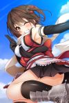  1girl ;d armpits black_gloves blue_sky brown_eyes brown_hair clouds cloudy_sky elbow_gloves gloves grin hair_ornament highres kantai_collection looking_at_viewer one_eye_closed open_mouth pleated_skirt scarf school_uniform sendai_(kantai_collection) serafuku skirt sky smile solo two_side_up wakagi_repa 