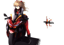  1girl blue_eyes bodysuit closed_mouth commentary_request copyright_name full_body hair_between_eyes highres interface_headset_(evangelion) invisible_floor jacket long_hair looking_at_viewer mecha_pilot_suit motor_vehicle motorcycle neon_genesis_evangelion on_motorcycle orange_hair plugsuit_(evangelion) red_bodysuit simple_background solo souryuu_asuka_langley tonkatsu_(pixiv47962331) two_side_up white_background 