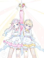  2girls above-cleavage_cutout ahoge apron arm_strap arm_up asymmetrical_legwear bandaid bandaid_on_knee bandaid_on_leg blonde_hair bloomers blue_eyes blue_hair braid braided_base clothing_cutout commentary crossed_bangs detached_sleeves ear_piercing earrings fishnet_pantyhose fishnets gradient_hair hair_between_eyes hair_ornament heart heart_earrings heart_o-ring highres holding holding_wand industrial jacket jewelry long_hair looking_at_viewer magical_girl maid maid_apron maid_headdress multicolored_hair multiple_girls nijisanji o-ring o-ring_thigh_strap pantyhose piercing pink_hair pink_jacket pink_skirt pomelo_punch purin_lala_mode purple_hair shorts skirt smile striped_clothes striped_jacket stud_earrings thigh_strap track_jacket twintails twitter_username unconventional_maid violet_eyes virtual_youtuber wand watermark wing_hair_ornament wolf_cut x_hair_ornament yellow_shorts yuzugoma09 