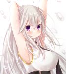  1girl armpits arms_up azur_lane black_neckwear blush breasts collared_shirt enterprise_(azur_lane) highres large_breasts long_hair looking_at_viewer necktie shimashiro_itsuki shirt sideboob silver_hair sleeveless sleeveless_shirt smile solo underbust violet_eyes 