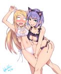  2girls animal_ears armpits arms_up bell black_bra black_panties blonde_hair blue_eyes blush bra breasts brown_eyes cat_cutout cat_ears cat_keyhole_bra cat_lingerie choker cleavage cleavage_cutout constricted_pupils dagashi_kashi earrings endou_saya_(dagashi_kashi) fang hair_ornament hairband hairclip highres hori_shin hug jewelry jingle_bell large_breasts long_hair looking_at_viewer multiple_girls nail_polish navel open_mouth panties purple_hair ringed_eyes sanpaku shidare_hotaru short_hair side-tie_panties simple_background smile underwear underwear_only white_background white_bra white_panties 