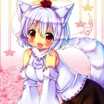  animal_ears bare_shoulders blush breasts chocolat_(momoiro_piano) detached_sleeves fang hat inubashiri_momiji looking_at_viewer open_mouth pom_pom_(clothes) red_eyes ribbon-trimmed_sleeves ribbon_trim short_hair silver_hair tail tokin_hat touhou wide_sleeves wolf_ears wolf_tail 