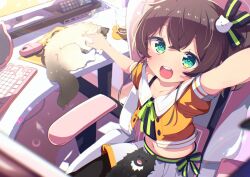  1girl :d absurdres animal black_camisole black_pantyhose blush brown_hair camisole cat chair commentary_request computer_keyboard computer_mouse cropped_jacket cup desk drinking_glass green_eyes hair_between_eyes highres hololive indoors iyokan_momiji jacket looking_at_viewer midriff mousepad_(object) natsuiro_matsuri natsuiro_matsuri_(1st_costume) navel off-shoulder_jacket off_shoulder office_chair on_chair orange_jacket pantyhose pleated_skirt puffy_short_sleeves puffy_sleeves round_teeth short_sleeves side_ponytail sitting skirt smile solo swivel_chair teeth upper_teeth_only virtual_youtuber white_skirt 