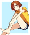  1girl barefoot blue_background brown_eyes collarbone denim denim_shorts invisible_chair leg_hug looking_at_viewer machi_fuka orange_hair short_hair short_sleeves shorts signature sitting smile solo soukyuu_no_fafner toomi_maya 