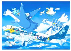  aircraft airplane bird blue_sky blue_theme clouds cloudy_sky commentary crocodile crocodilian flying froakie frog gecko gecqua highres latios lizard lugia mudkip no_humans ocean oshawott otter outdoors pelipper penguin piplup pokemon pokemon_(creature) pokemon_focus popplio sea_lion seagull sky sobble squirtle totodile turtle unown unown_a unown_n wani-wani-0416 water_type_theme_(pokemon) wingull 