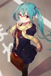  1girl aqua_hair bespectacled glasses green_eyes hatsune_miku io_(polastar62) long_hair pantyhose scarf solo twintails vocaloid 