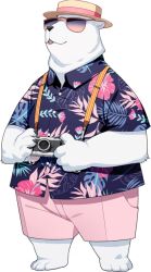  1boy :3 angler_(blue_archive) barefoot bear black_claws blue_archive boater_hat buttons camera collared_shirt full_body furry furry_male game_asset hat hawaiian_shirt highres holding holding_camera official_art open_mouth pink_shorts polar_bear shirt short_sleeves shorts standing sunglasses tachi-e third-party_source transparent_background white_fur 