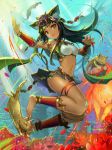  1girl animal_ears anklet artist_request bangs barefoot bastet_(p&amp;d) black_hair blunt_bangs cat cat_ears cat_tail commentary_request dark_skin egyptian green_eyes highres jewelry long_hair midriff nail_polish navel puzzle_&amp;_dragons skirt smile solo tail toenail_polish 