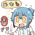  !? &gt;:d 0_0 1girl :d blue_hair clenched_hands commentary_request eggplant hatsuyume labcoat logo mount_fuji open_mouth personification ponytail sidelocks smile solo tsukigi twitter yellow_eyes 