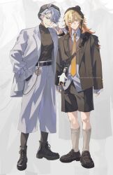  2boys absurdres alternate_costume antenna_hair arms_at_sides beanie belt belt_buckle beret black_belt black_boots black_hat black_jacket black_shirt black_shoes black_shorts black_socks blonde_hair blue_eyes boots braid brown_sweater_vest buckle capri_pants charm_(object) closed_mouth coat collared_shirt commentary curtained_hair facial_tattoo full_body gradient_hair grey_belt grey_coat grey_hair grey_pants grey_socks hair_between_eyes hair_ornament hairclip hand_in_pocket hand_up hat highres honkai:_star_rail honkai_(series) jacket lace-up_boots long_hair long_sleeves looking_at_viewer multicolored_hair multiple_boys mydei_(honkai:_star_rail) necktie open_clothes open_coat open_mouth orange_hair pants parallel_hairclips parted_bangs phainon_(honkai:_star_rail) pom_pom_(clothes) pom_pom_beanie pougummy shirt shirt_tucked_in shoes short_hair shorts side-by-side side_braid sleeves_past_wrists smile socks standing sweater_vest tattoo untucked_shirt v white_shirt wrist_belt yellow_eyes yellow_necktie yellow_pupils zoom_layer 