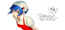  absurdres apron blue_hair collared_shirt emi_puff hair_ornament hairclip headscarf highres lipstick makeup nakamura_aika persona persona_4 red_apron red_eyes red_lips shirt short_hair short_sleeves 