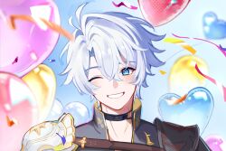  1boy antenna_hair armor balloon belt black_choker black_shirt blue_eyes blue_sky blush brown_belt chest_belt choker collarbone commentary confetti cropped_shoulders crossed_bangs day hair_between_eyes heart_balloon highres honkai:_star_rail honkai_(series) looking_at_viewer male_focus neck_tattoo o0amarantine0o one_eye_closed outdoors phainon_(honkai:_star_rail) shirt short_hair shoulder_armor sky smile solo sun_symbol sun_tattoo tattoo teeth untranslatable_commentary white_hair yellow_pupils 
