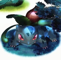  claws closed_mouth commentary_request fangs fangs_out grass hihihi_(akira1204_kirby) ivysaur no_humans pink_eyes plant pokemon pokemon_(creature) pokemon_focus standing vines 