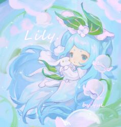  1girl absurdres blue_eyes blue_hair character_name chibi dress english_text flower full_body hair_flower hair_ornament highres holding holding_stuffed_toy leaf lily_of_the_valley long_hair long_sleeves looking_at_viewer rabbit roco_kingdom roco_kingdom:_world short_eyebrows solo sparkle stuffed_toy toy two_side_up very_long_hair white_dress white_flower xueying_wawa_(lily_of_the_valley)_(roco_kingdom:_world) xueying_wawa_(roco_kingdom:_world) youyi_zhengzaibailan 