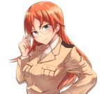  1girl blue_eyes edytha_neumann glasses hand_on_glasses hand_on_hip liar_lawyer long_hair looking_at_viewer military military_uniform orange_hair solo strike_witches uniform 
