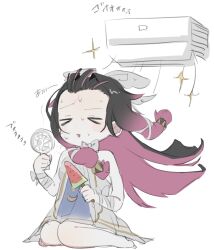  >_< 1girl air_conditioner bare_legs black_hair closed_eyes columbina_(genshin_impact) commentary_request dress electric_fan floating_hair food forehead fruit full_body genshin_impact hair_ornament handheld_electric_fan head_wings highres holding holding_food long_hair multicolored_hair multiple_wings purple_hair purple_streaks sitting solo streaked_hair sumiure sweat translation_request two-tone_hair wariza watermelon watermelon_slice white_background white_dress white_wings wing_hair_ornament wings wrist_bow 