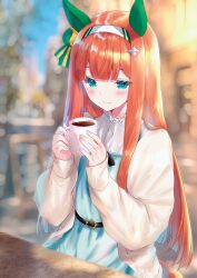  1girl absurdres animal_ears belt black_belt blue_dress blue_eyes blunt_bangs blurry blurry_background blush closed_mouth cup dress ear_covers hair_ornament hairband highres hime_cut holding holding_cup horse_ears horse_girl horse_tail long_hair long_sleeves orange_hair orange_tail outdoors sasaminiku_(chickenbstrips) shirt silence_suzuka_(umamusume) smile solo tail umamusume white_hairband white_shirt 