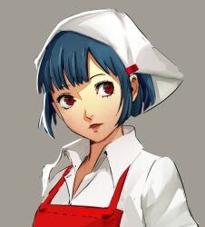  apron blue_hair collared_shirt emi_puff hair_ornament hairclip headscarf lipstick makeup nakamura_aika persona persona_4 red_apron red_eyes red_lips shirt short_hair short_sleeves 