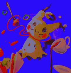  @_@ black_eyes blue_background cup disguise drawn_eyes food fork highres mimikyu no_humans pasta pokemon pokemon_(creature) pokemon_focus pokemon_sun_and_moon sandwich solid_oval_eyes spaghetti su_(sajo_su5) tea teacup 