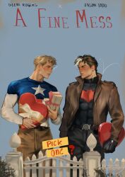  2boys abs batman_(series) batman_symbol black_bodysuit black_gloves black_hair blonde_hair blue_eyes bodysuit brown_jacket captain_america_(series) closed_mouth crossover dc_comics exploringwlexus gloves highres holding jacket jason_todd long_sleeves looking_at_another male_focus marvel multicolored_bodysuit multiple_boys muscular muscular_male open_clothes pants red_hood_(dc) red_hood_and_the_outlaws shirt short_hair simple_background standing star_(symbol) steve_rogers superhero_costume taut_bodysuit taut_clothes two-tone_bodysuit 