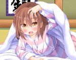  1girl blush brown_eyes brown_hair commentary_request fang futon hair_between_eyes hair_ornament hairclip hand_on_own_head ikazuchi_(kantai_collection) jewelry kantai_collection lifting_covers looking_at_viewer lying open_mouth pajamas ring short_hair tatami tsunsuki_(naobe009) 