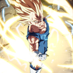  1boy amayuki318 aura battle_damage blood crackling_energy dragon_ball dragon_ball_z electricity facial_mark final_explosion forehead_mark highres majin_vegeta male_focus muscular muscular_male smile solo spiky_hair super_saiyan super_saiyan_2 torn_clothes vegeta veiny_pectorals 